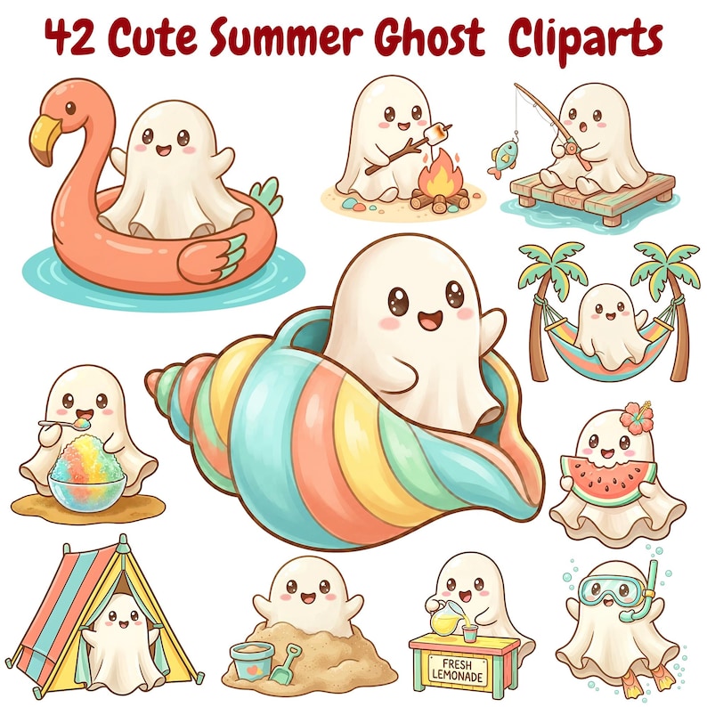May include: A collection of 42 cute summer ghost cliparts. The ghosts are depicted in various summer activities, including swimming in a flamingo float, roasting marshmallows, fishing, and enjoying lemonade. The ghosts are white with smiling faces.