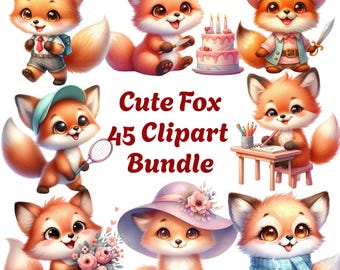 Fox Clipart Bundle: 45 Cute Watercolor Woodland Fox PNGs, Children’s Illustration, Nursery Art, T-Shirt & Card Design (Digital Download)