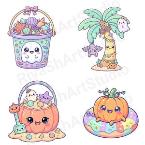 Cute pastel Summerween clipart bundle with kawaii ghosts, tropical drinks, pumpkins, palm trees, seashells, jellyfish, crystal balls, shaved ice desserts, surfboards, beach scenes, spooky summer decorations, and magical Halloween summer graphics in soft vibrant pastel colors.