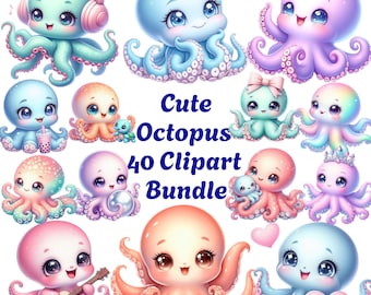 Octopus Clipart Bundle: 40 Watercolor Pastel Baby Octopus PNG (Digital Download)