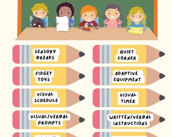 Op de afbeelding: Een groen schoolbord met de tekst "Classroom Accommodations for Elementary Students". Het schoolbord is versierd met kleurrijke vlaggetjes. Onder het schoolbord staan 10 gele potloden met roze en grijze strepen. Elk potlood heeft een andere accommodatie erop vermeld, zoals "Sensory Breaks", "Fidget Toys", "Visual Schedule", "Quiet Corner", "Adaptive Equipment", "Visual Timer", "Visual/Verbal Prompts", "Written/Verbal Instructions", "Minimal Distractions", "Pull In/Out Therapies", "Classroom Aide" en "Additional Time". De tekst "ABC's of Autism" staat onderaan de afbeelding.
