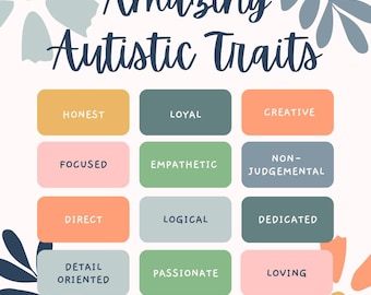 May include: A colorful chart with the text "Amazing Autistic Traits" at the top. The chart lists positive traits often associated with autism, such as honest, loyal, creative, focused, empathetic, non-judgemental, direct, logical, dedicated, detail-oriented, passionate, and loving.