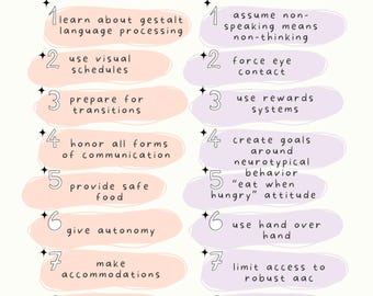 May include: A pink and purple infographic with the title "How to Support an Autistic Child". The infographic lists "Do's" and "Don'ts" for supporting autistic children. The "Do's" include: learn about gestalt language processing, use visual schedules, prepare for transitions, honor all forms of communication, provide safe food, give autonomy, make accommodations, implement a sensory diet, and incorporate special interests. The "Don'ts" include: assume non-speaking means non-thinking, force eye contact, use rewards systems, create goals around neurotypical behavior, "eat when hungry" attitude, use hand over hand, limit access to robust AAC, stop stimming, and withhold comfort items.