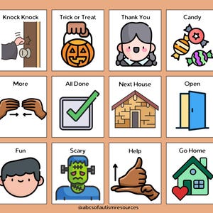 Puede incluir: Un conjunto de 12 tarjetas ilustradas con texto e imágenes relacionadas con el truco o trato de Halloween. Las tarjetas incluyen imágenes de una puerta, una calabaza, caramelos, una casa, una marca de verificación y un monstruo. El texto en las tarjetas incluye frases como "Toc Toc", "Truco o trato", "Gracias", "Caramelos", "Más", "Todo hecho", "Próxima casa", "Abierto", "Divertido", "Asustador", "Ayuda", y "Ir a casa".