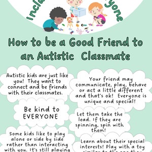 May include: A colorful educational poster with the text "Inclusion is for Everyone" and "How to be a Good Friend to an Autistic Classmate." The poster features illustrations of children and tips for interacting with autistic classmates.