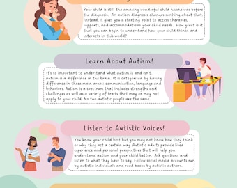 May include: A colorful infographic with the title "Your Child Received an Autism Diagnosis Now What?"  The infographic provides advice and information for parents of children with autism.  The text includes the phrases "It's Going to Be Ok!" "Learn About Autism!" "Listen to Autistic Voices!" and "Be an Advocate!"