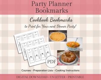 Party Planner Bookmarks with Courses & Cooking Instructions | Cookbook Bookmarks | Party Planning | US Letter Size, Instant PDF Download