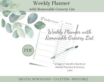 Weekly Planner with Removable Grocery List (Cut Along Line) - Eucalyptus Design, Printable | US Letter Size, Instant PDF Download