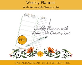 Weekly Planner with Removable Grocery List (Cut Along Line) - Sunflower Design, Printable | US Letter Size, Instant PDF Download