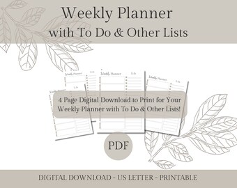 Weekly Planner with To Do & Other Lists Printable | Weekly Planner with Lists | Week Goals, Deadlines | US Letter Size, Instant PDF Download