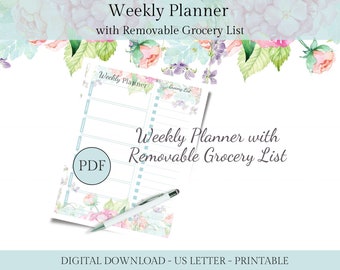 Weekly Planner with Removable Grocery List (Cut Along Line) - Floral Design, Printable | Planner/List | US Letter Size, Instant PDF Download