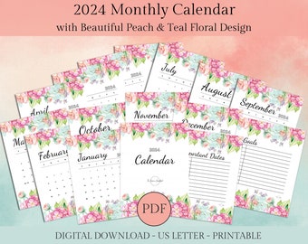 2024 Monthly Calendar - Peach & Teal Floral Design, Printable | Calendar w/ Important Dates and Goals | US Letter Size, Instant PDF Download