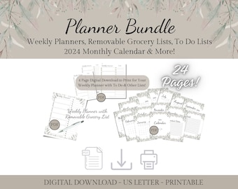 Planner Bundle Printable | Weekly Planner, Grocery & To Do Lists, 2024 Monthly Calendar and More! | Bundle Deal | US Letter Size, PDF