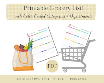 Detailed Color Coded Grocery List Printable with Departments & Blank List Formats | Grocery Planner | US Letter Size, Instant PDF Download