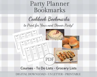 Party Planner Bookmarks with Courses and Lists | Cookbook Bookmarks | To Do Lists & Grocery Lists | US Letter Size, Instant PDF Download