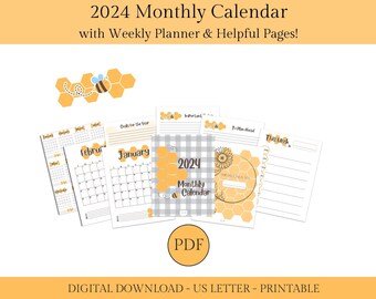 2024 Monthly Calendar with Weekly Planner Pages Printable | Happy Bee 2024 Calendar & Planner Pages | US Letter Size, Instant PDF Download