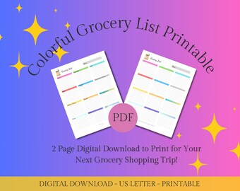 Colorful Grocery List with Attractive Script Printable with Departments & Blank List Formats | US Letter Size, Instant PDF Download