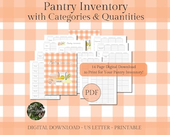 May include: A printable pantry inventory checklist with 14 pages. The checklist is designed to help you keep track of your pantry items and quantities. The image shows a digital download of the checklist, which is available in US Letter size. The checklist is designed with a gingham pattern and features a cute illustration of a pantry with food items.