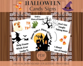 Halloween Candy Sign Printable - Fun & Festive! | Trick or Treat Signs | 6 Cute Halloween Door Signs | US Letter Size, Instant PDF Download