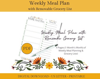 Weekly Meal Plan with Removable Grocery List - Cut Along Line - Sunflower Design, Printable | US Letter Size, Instant PDF Download