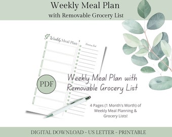 Weekly Meal Plan with Removable Grocery List (Cut Along Line) - Eucalyptus Design, Printable | US Letter Size, Instant PDF Download