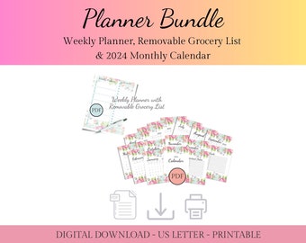 Planner Bundle Printable | Weekly Planner, Grocery List, 2024 Monthly Calendar & More! | Bundle Deal | US Letter Size, PDF Instant Download