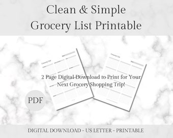 Clean & Simple Grocery List Printable with Departments and Blank Formats | Grocery Planner Printable | US Letter Size, Instant PDF Download