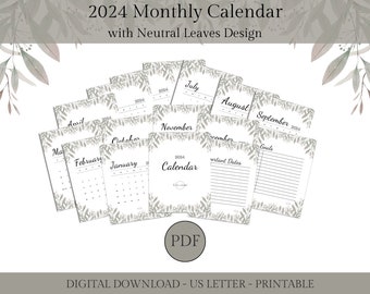 2024 Monthly Calendar - Neutral Leaves Design, Printable | Calendar w/ Important Dates and Goals | US Letter Size, Instant PDF Download