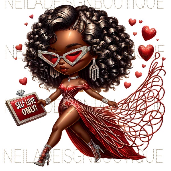 Afro Chibi Style PNG, Self Love Only Self Love, Red Dress, Diamond Accessories, Hearts, Fashion Glasses, Glitter, Digital Illustration.