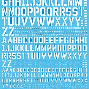 May include: A white stencil sheet with a blue background. The stencil sheet contains the alphabet in uppercase letters, from A to Z. The letters are in a bold, blocky font.