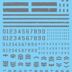 May include: A sheet of gray and white chipping decals for model building. The decals include numbers 0-9, chevron shapes, and various lines. The sheet is labeled "1/144, 1/100 Chipping Decal - Custom #01G G-REWORK'S GHOST CUSTOM DECAL".