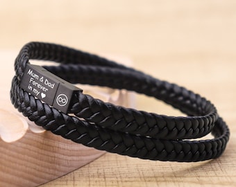 Gepersonaliseerde gegraveerde lederen roestvrijstalen herengegraveerde armband - Vaderdagcadeau - zwartbruin vriend vriendin papa papa