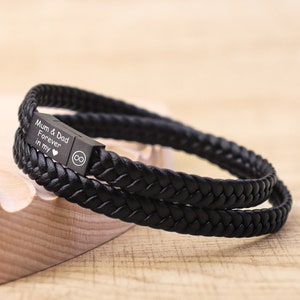 Personalised Engraved Leather Stainless Steel Mens Engraved Bracelet - Fathers Day Gift - Black Brown Boyfriend Girlfriend Dad Daddy