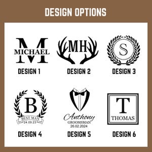 K&ouml;nnte beinhalten: Sechs verschiedene Designoptionen f&uuml;r ein personalisiertes Geschenk. Die Designs zeigen eine Vielzahl von Schriftarten, Stilen und Grafiken, darunter ein Monogramm, ein Hirschgeweih, ein Kranz, einen Smoking und einen quadratischen Rahmen. Der Text enth&auml;lt die W&ouml;rter "Best Man", "Groomman" und "Thomas".