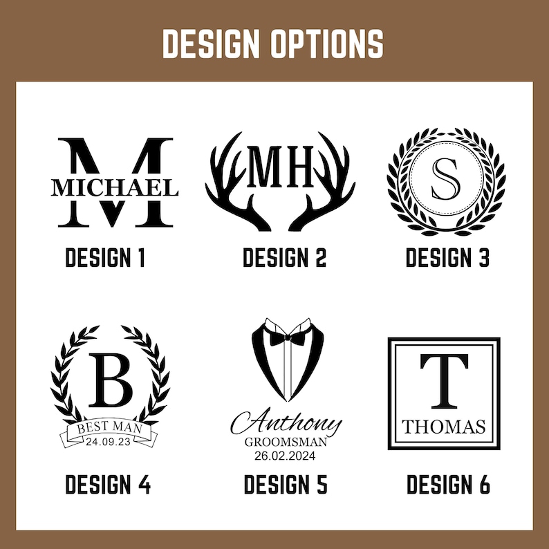 K&ouml;nnte beinhalten: Sechs verschiedene Designoptionen f&uuml;r ein personalisiertes Geschenk. Die Designs zeigen eine Vielzahl von Schriftarten, Stilen und Grafiken, darunter ein Monogramm, ein Hirschgeweih, ein Kranz, einen Smoking und einen quadratischen Rahmen. Der Text enth&auml;lt die W&ouml;rter "Best Man", "Groomman" und "Thomas".