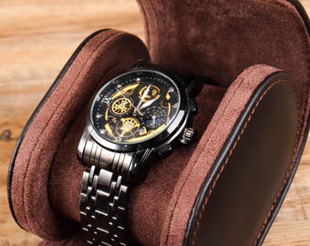 Custom Dark Brown Genuine Leather Watch Case / Travel Watch Box for Men / Personalised Watch Roll Storage Holder | Father's Day Gift