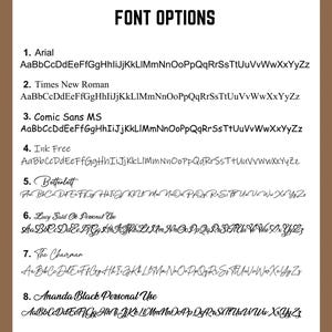 May include: A list of eight different font options for a design project. The fonts are listed in order from 1 to 8, with the font name and a sample of the alphabet in each font.