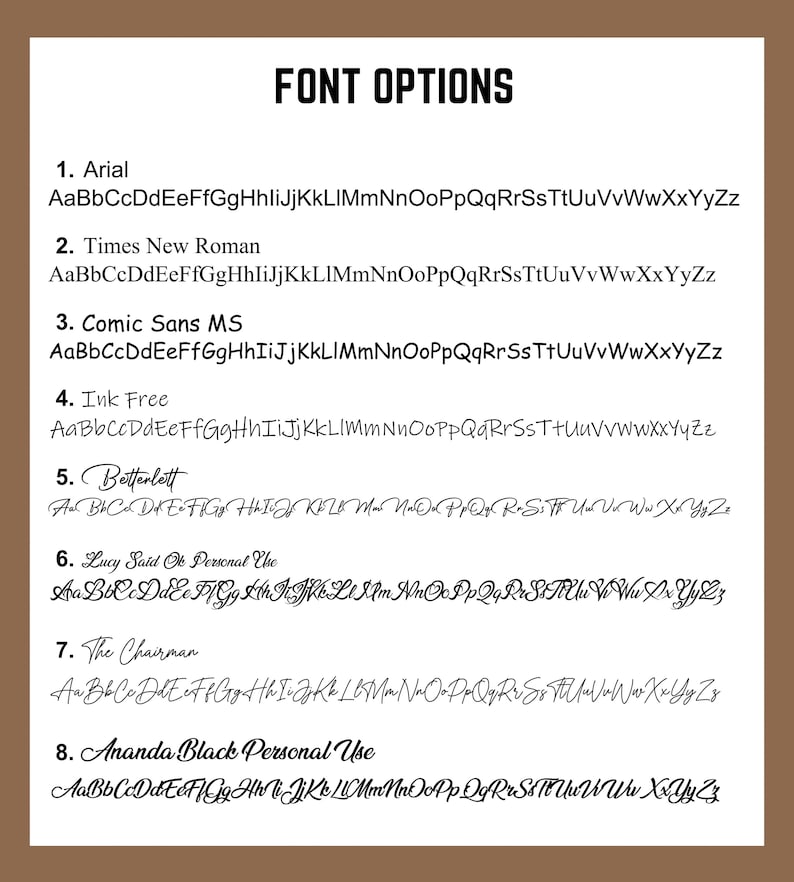 May include: A list of eight different font options for a design project. The fonts are listed in order from 1 to 8, with the font name and a sample of the alphabet in each font.
