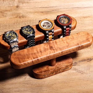 Personalized Name Watch Display Stand for 4 watches | Walnut wood Jewelry Holder | Wrist watch Storage | Timepiece Display
