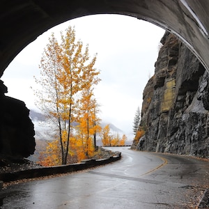 Puede incluir: Un camino sinuoso a través de un túnel con vista a una ladera de montaña con follaje otoñal. El camino está pavimentado y tiene líneas amarillas. El túnel está hecho de hormigón y tiene un arco redondeado. La ladera de la montaña está cubierta de árboles con hojas amarillas. El cielo está nublado y gris.