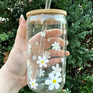 Glass Cups With Lid and Straw, Flower Glass Cups, Floral Glass Coffee Cup, Glass Tumbler, Glass Tumbler with Straw and Lid, Iced Coffee Cup