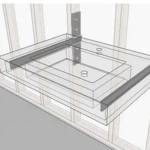 May include: A white bathroom sink with a rectangular shape is mounted to a wall with two metal brackets. The sink is surrounded by a wooden frame.