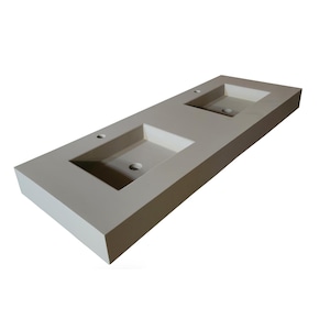 May include: A white double vanity sink with two rectangular basins. The sink is made of a solid surface material and has a modern design.