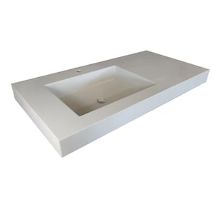 May include: White rectangular bathroom vanity countertop with a white ceramic sink and a single drain hole.