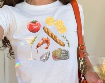 Painted Italian Summer Seafood Collage Tee, Euro Girl Summer Tshirt, Coastal Grandma Tee, Sardines Shirt, Italian Food Shirt, Y2k Baby Tee