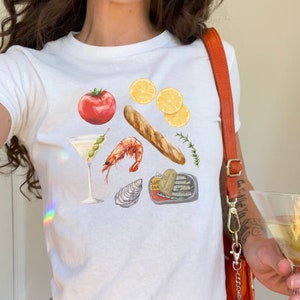 Painted Italian Summer Seafood Collage Tee, Euro Girl Summer Tshirt, Coastal Grandma Tee, Sardines Shirt, Italian Food Shirt, Y2k Baby Tee