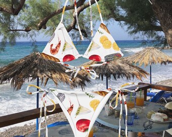 Italian Summer Seafood Collage Bikini, Euro Girl Summer Shirt, Coastal Grandma Tee, Sardines Shirt, Italian Food Shirt, Euro Summer Bikini