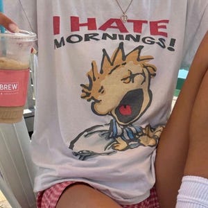 T-shirt oversize vintage "I Hate Mornings", maglietta retrò con cartoni animati, maglietta grafica ampia, maglietta vintage, maglietta alla moda, Y2K, maglietta vintage anni '90