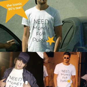 Peut inclure: Trois photos d'un homme portant un t-shirt blanc avec le texte "NEED MONEY FOR PORSCHE" &eacute;crit dessus. L'homme porte une casquette de baseball noire et des lunettes de soleil sur la premi&egrave;re photo. L'homme porte une casquette de baseball noire sur la deuxi&egrave;me photo. L'homme porte des lunettes de soleil sur la troisi&egrave;me photo.