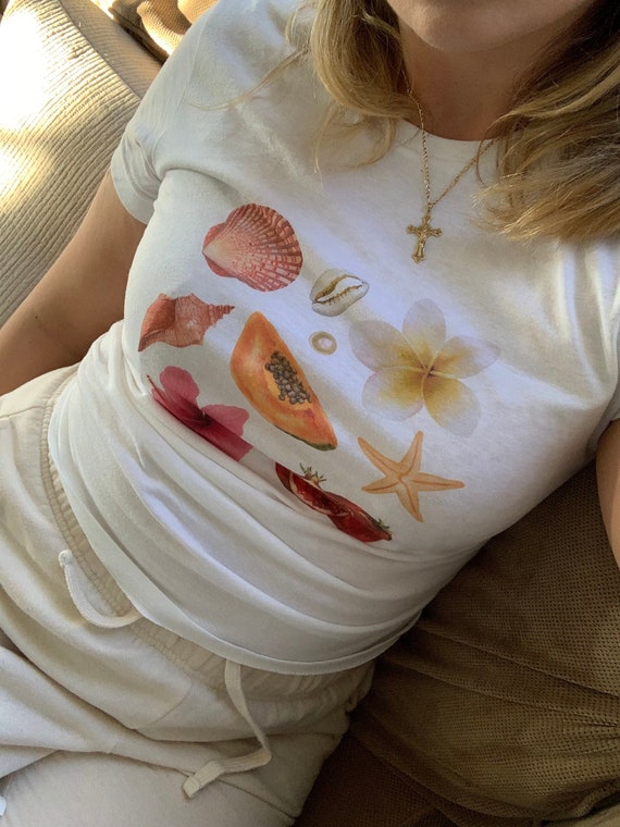 Seashell Vintage Watercolor Collage Tee, Euro Girl Summer Tshirt, Coastal Grandma Tee, Seashell Summer Shirt, Beach Girl Shirt, Y2k Baby Tee